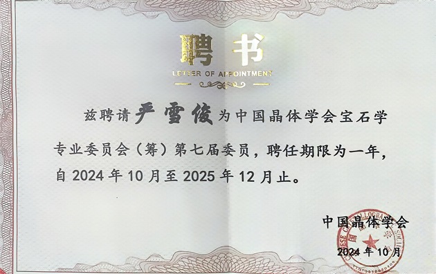 集團(tuán)技術(shù)專家嚴(yán)雪俊被聘為中國(guó)晶體學(xué)會(huì)寶石學(xué)專業(yè)委員會(huì)（籌）專家委員.jpg